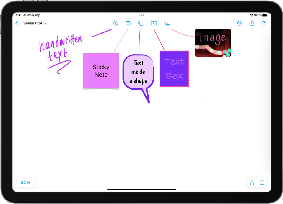 Una pissarra nova de l’app Freeform amb un dibuix, una nota adhesiva, una forma, un quadre de text i una imatge corresponents als botons que hi ha cap a la part superior de la pantalla.