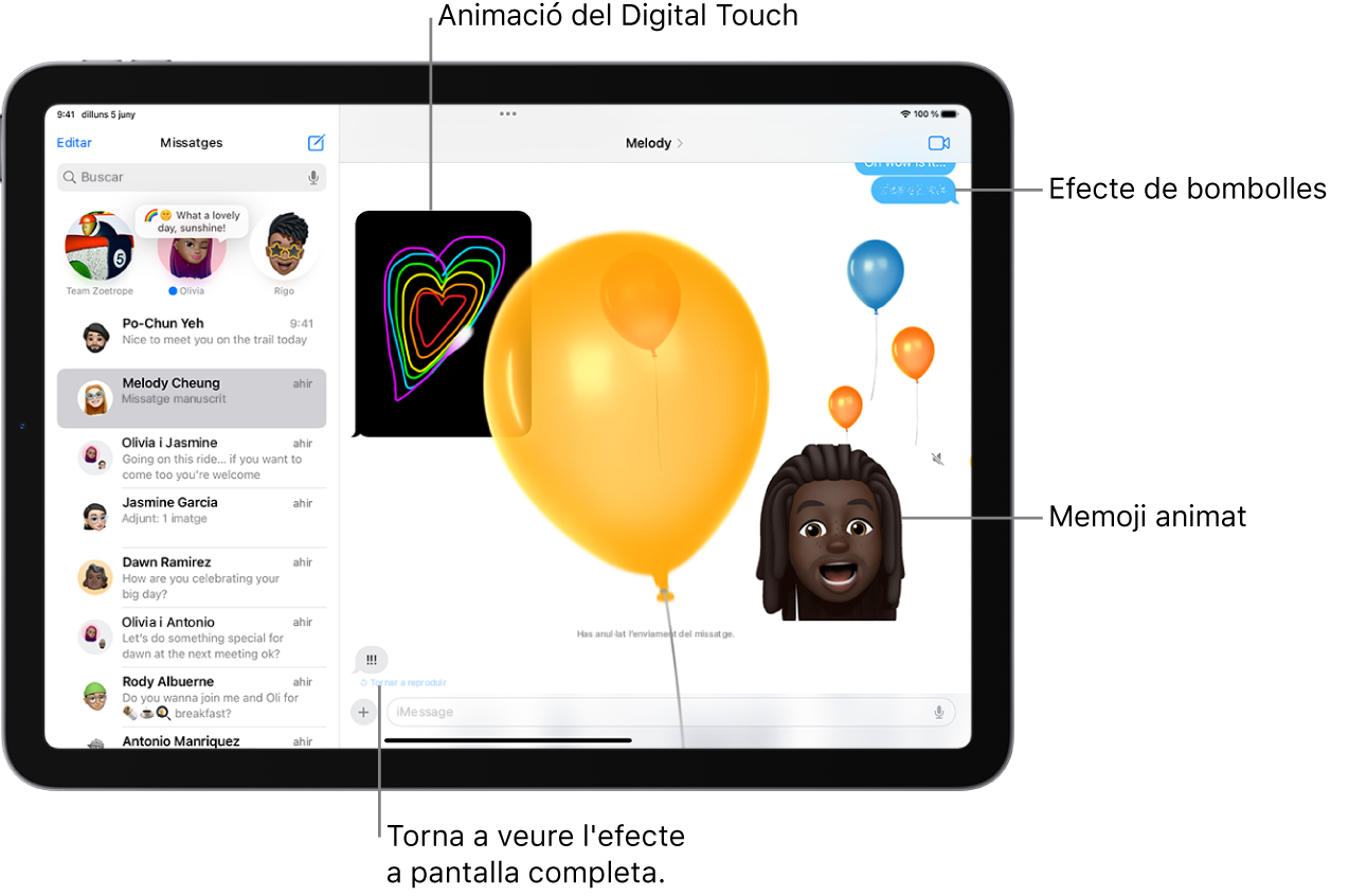 Una conversa de l’app Missatges amb efectes a pantalla completa i animacions: Digital Touch i un missatge escrit a mà.