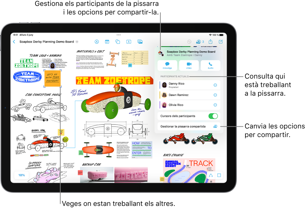 Una pissarra compartida de l’app Freeform de l’iPad amb el menú de col·laboració obert i la ubicació d’un altre participant a la pissarra marcada amb marques liles.