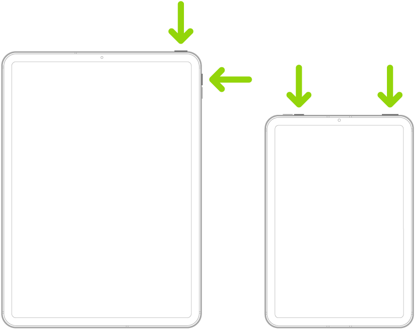 Il·lustració de dos models de l’iPad amb Face ID. Les fletxes assenyalen els botons superiors i els botons de volum.
