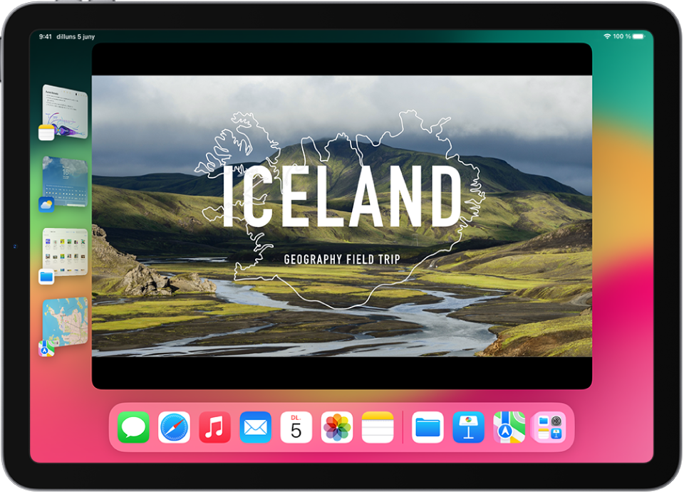 Pantalla d’un iPad amb l’organitzador visual activat. La finestra actual es troba al centre de la pantalla i, en una llista a la part esquerra, es mostren altres apps recents.