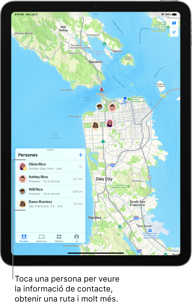 Pantalla de l’app Buscar oberta per la llista Persones. A la llista hi ha quatre persones: Anna Rius, Olívia Rius, David Rovira i Guillem Rius. Es mostren les seves ubicacions al mapa de San Francisco.