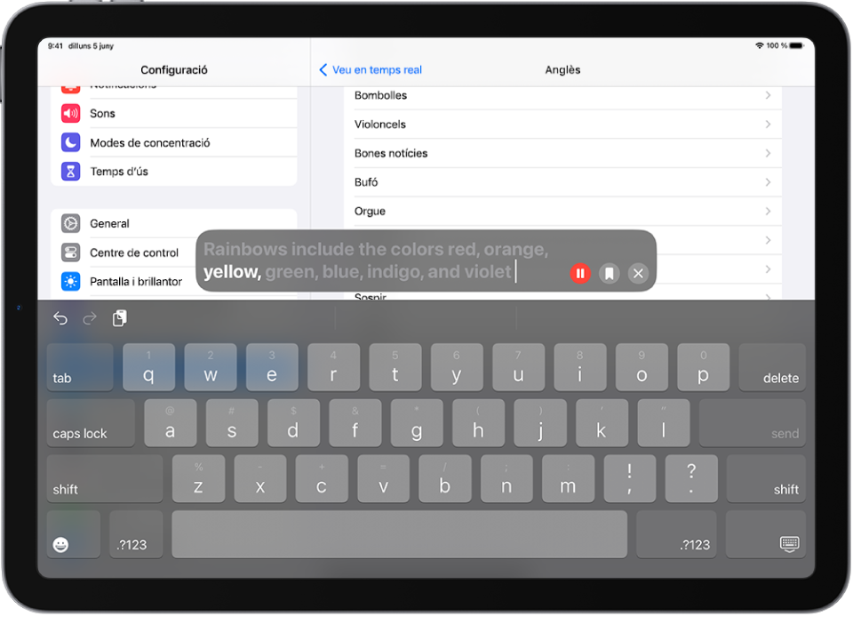 La funció de veu en temps real de l’iPad llegeix en veu alta qualsevol text que s’introdueixi.