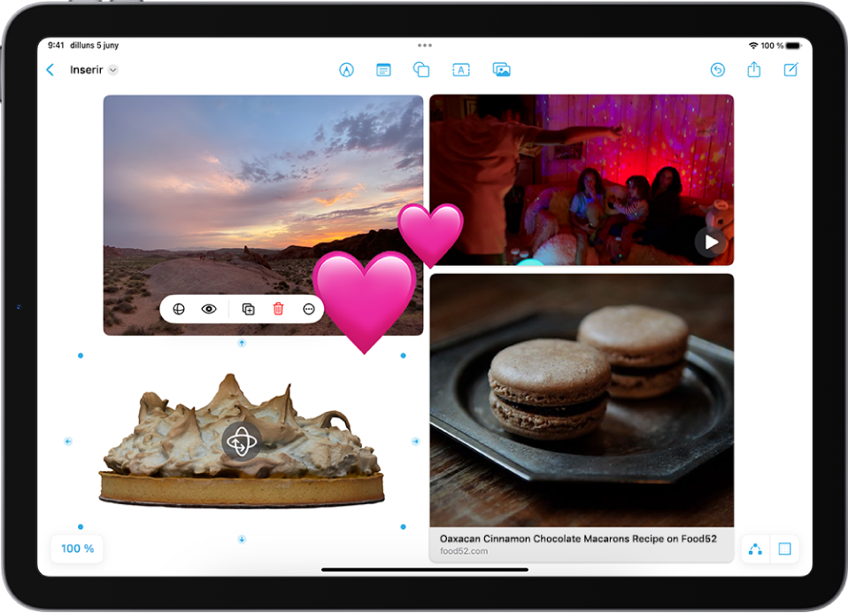 Una pissarra de l’app Freeform amb diversos arxius inserits: una foto, adhesius, un vídeo, un arxiu d’imatge en 3D i un enllaç. L’arxiu d’imatge en 3D està seleccionat i es poden veure el botó de rotació i les eines de format.