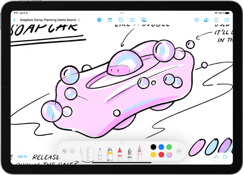 Kresby a rukou psaný text na tabuli aplikace Freeform. Dole jsou zobrazeny kreslicí nástroje.