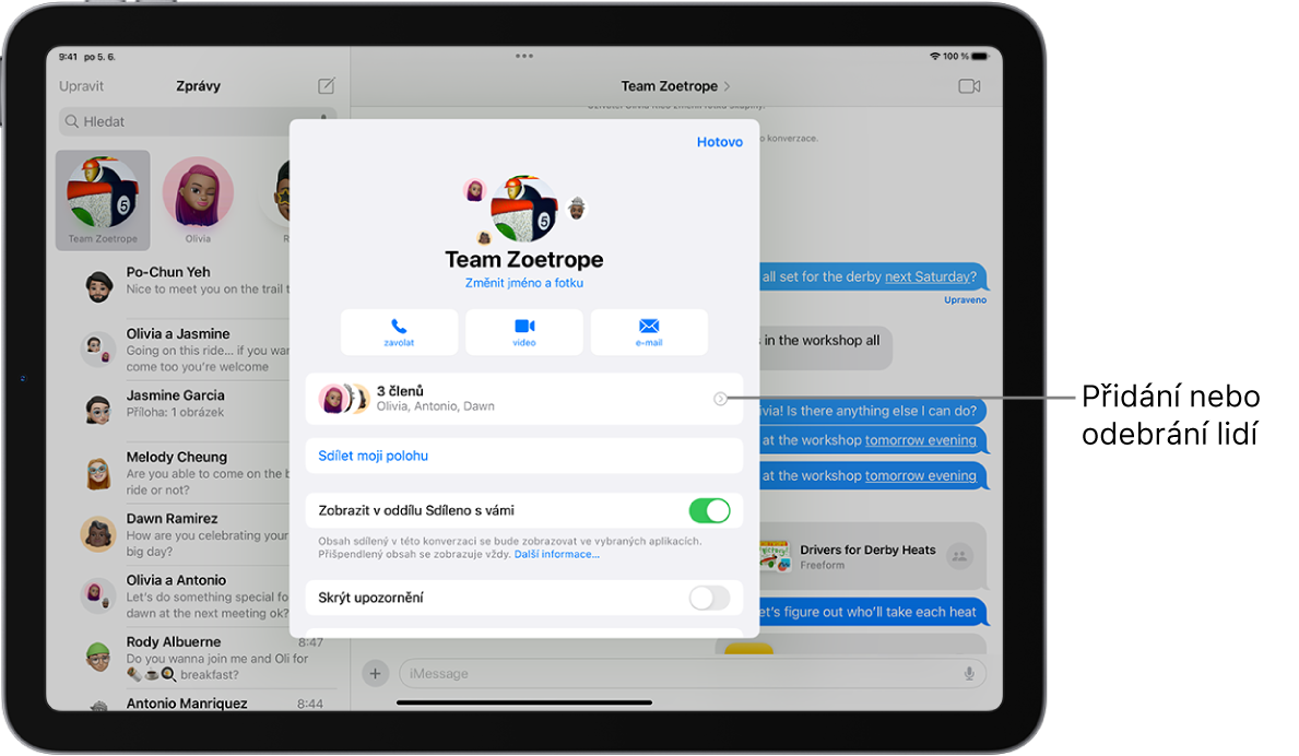 iPad s podrobnostmi o skupinové konverzaci