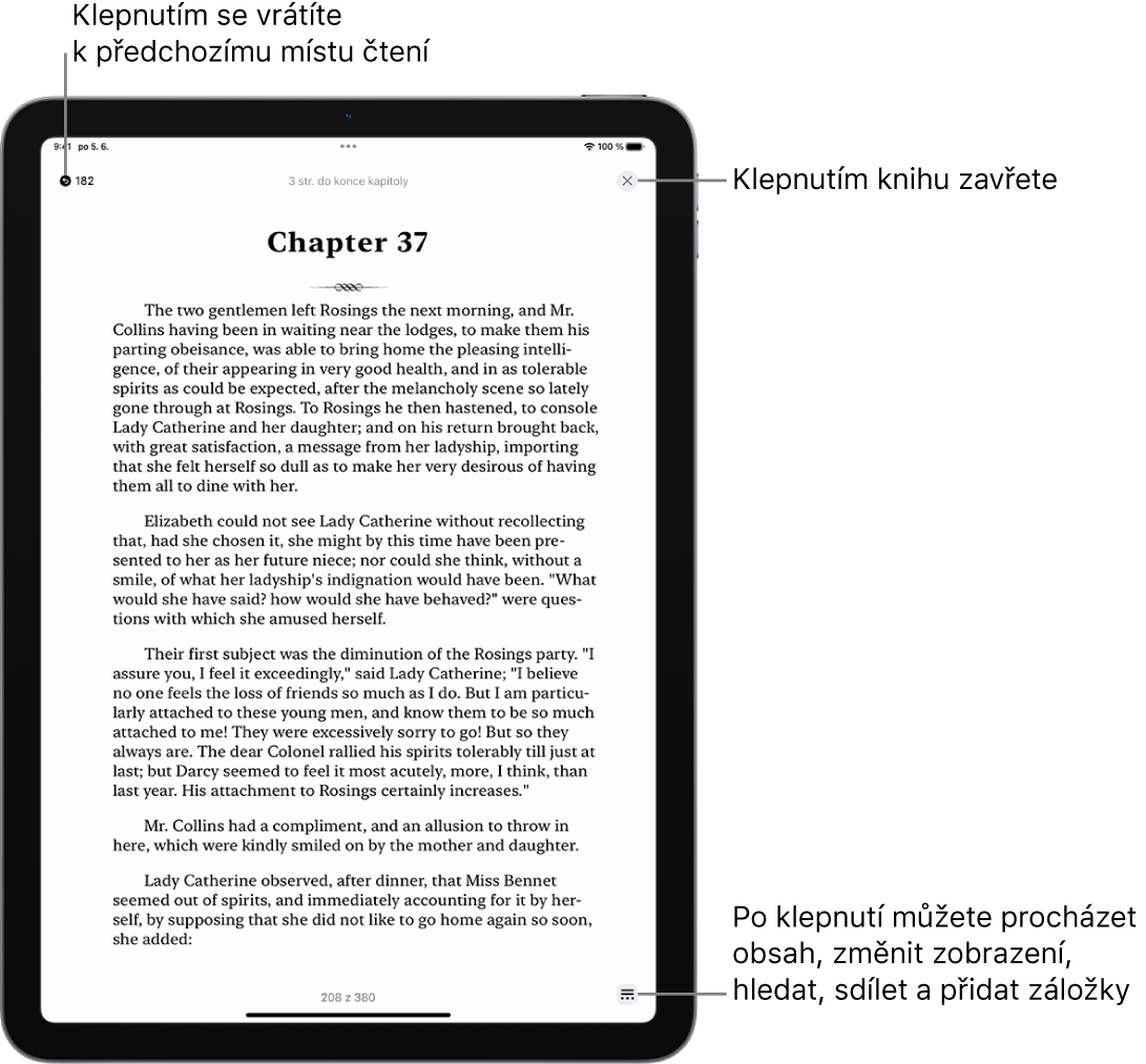 Stránka knihy v aplikaci Knihy. U horního okraje displeje se nacházejí tlačítka pro návrat na stránku, kde jste začali číst, a pro zavření knihy. Vpravo dole je vidět tlačítko nabídky.