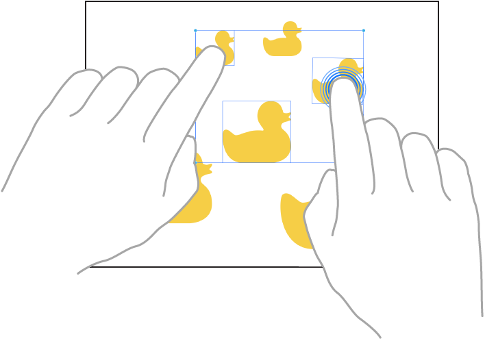 Dva prsty vybírají položky v aplikaci Freeform