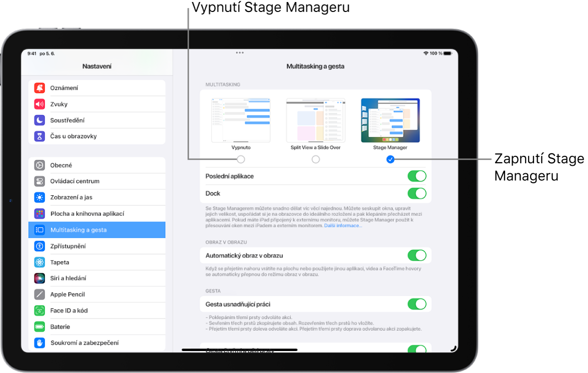 Displej iPadu se zobrazenými ovládacími prvky pro zapnutí nebo vypnutí Stage Manageru, skrytí nebo zobrazení seznamu posledních aplikací při zapnutém Stage Manageru a skrytí nebo zobrazení Docku při zapnutém Stage Manageru