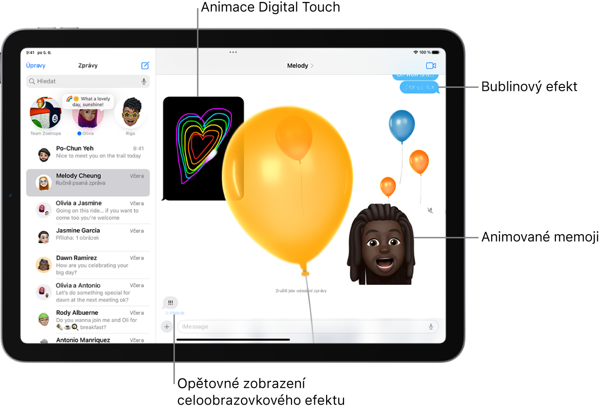 Konverzace v aplikaci Zprávy s efekty v bublinách a na celé obrazovce a také animacemi: Digital Touch a ručně psanou zprávou.