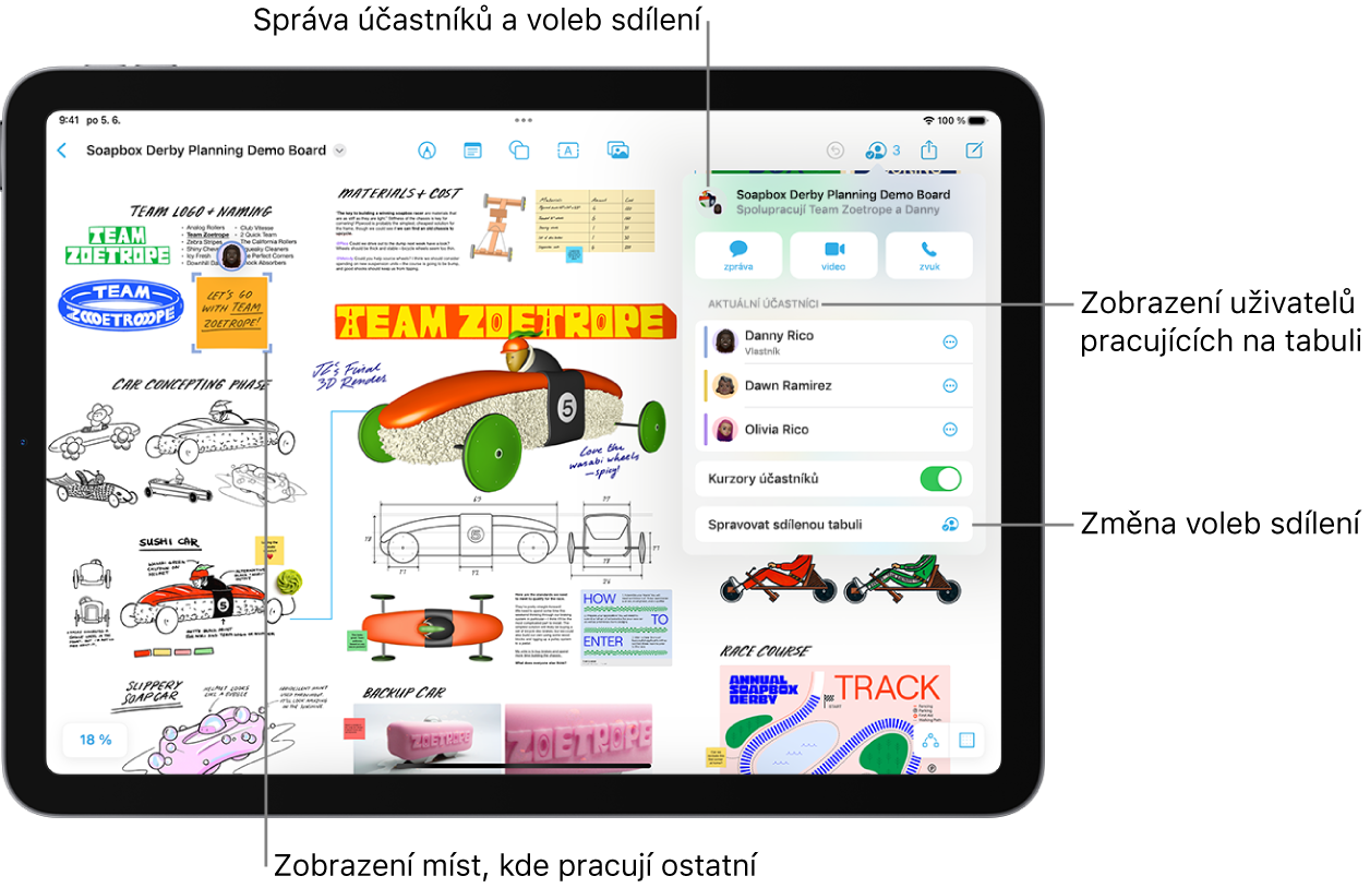Sdílená tabule aplikace Freeform na iPadu s otevřenou nabídkou pro spolupráci a s fialovými značkami zaškrtnutí, které na tabuli označují pozici jiného účastníka