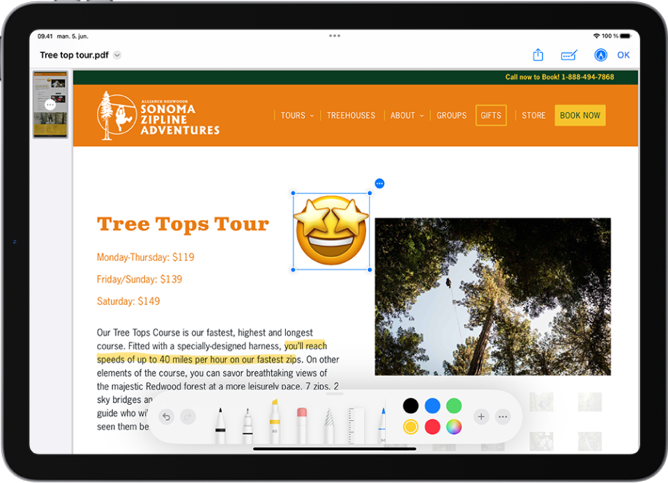 Et PDF-dokument af en webside med fremhævede valg og en sticker af en emoji. Under websiden er der værktøjer til markering.