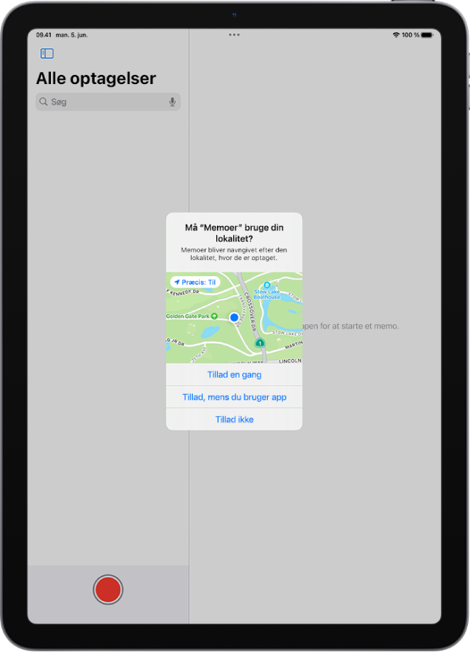 En anmodning fra en app om at bruge lokalitetsdata på iPad. Valgmulighederne er Tillad en gang, Tillad, mens du bruger app og Tillad ikke.