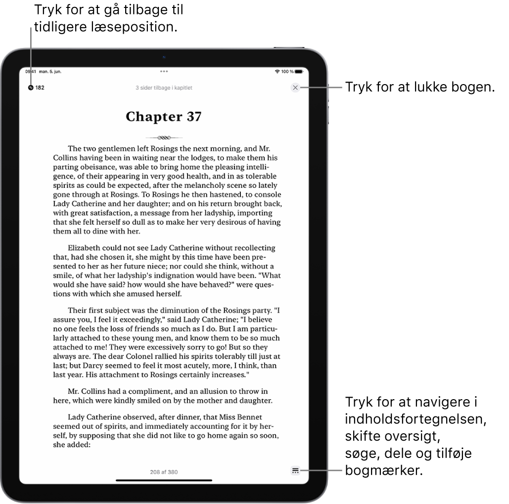 En side fra en bog i appen Bøger. Øverst på skærmen er knapperne til at gå tilbage til siden, hvor du begyndte at læse, og til at lukke bogen. Nederst til højre på skærmen findes Menuknappen.