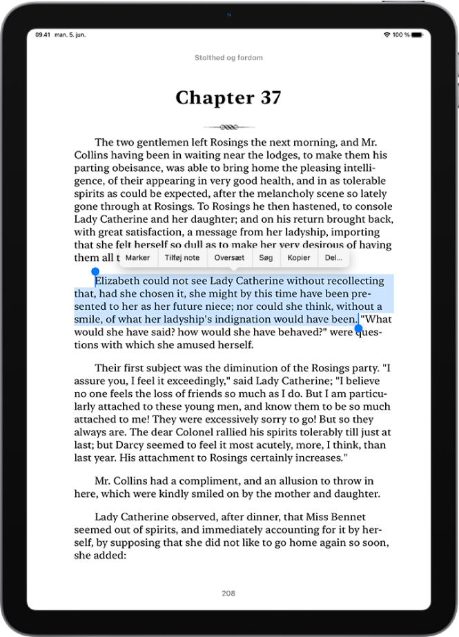 En side fra en bog i appen Bøger med en del af sidens tekst valgt. Knapperne Marker, Tilføj note, Oversæt, Søg, Kopier og Del findes ovenover den valgte tekst.