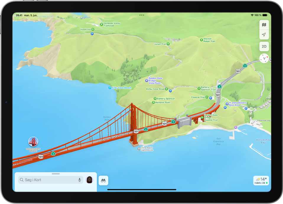 Et 3D-kort, der viser en bro og en park.
