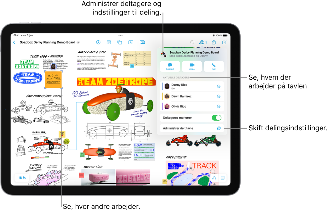 En delt Freeform-tavle på iPad, hvor menuen til samarbejde er åben, og en anden deltagers lokalitet på tavlen er markeret med lilla hak.