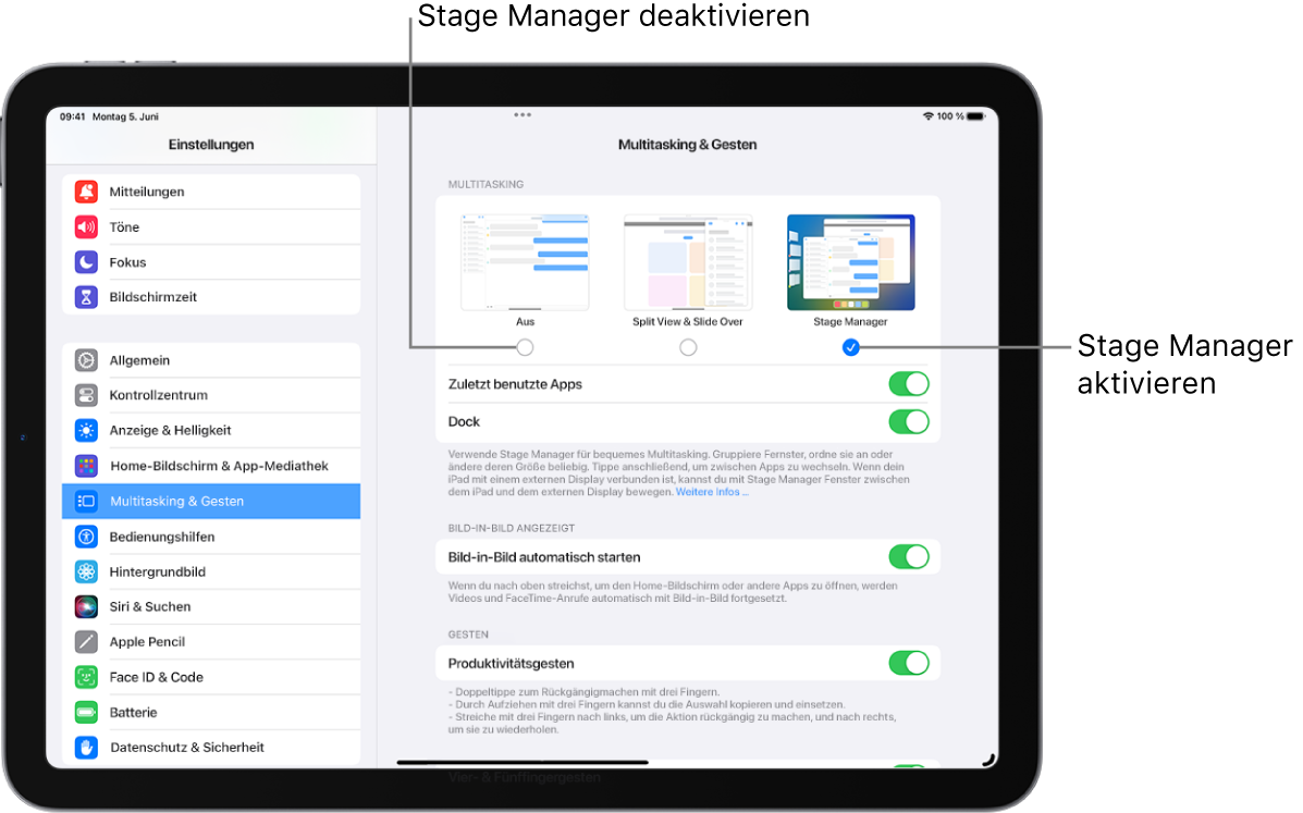 Ein iPad-Bildschirm mit den Steuerelementen zum Ein- oder Ausschalten von Stage Manager, Aus- oder Einblenden der zuletzt verwendeten Apps, wenn Stage Manager aktiviert ist, und Aus- oder Einblenden des Docks, wenn Stage Manager aktiviert ist.