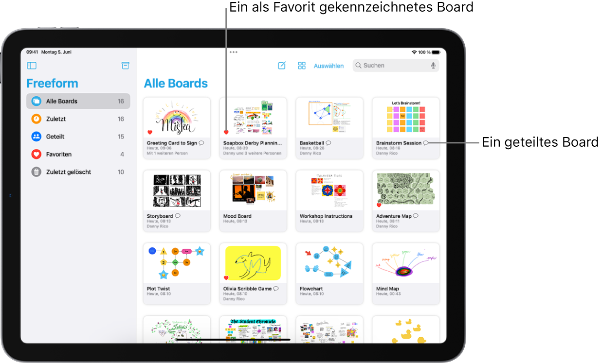 Die geöffnete App „Freeform“ auf dem iPad. In der Seitenleiste ist „Alle Boards“ ausgewählt und auf der rechten Seite werden Board-Miniaturen angezeigt.