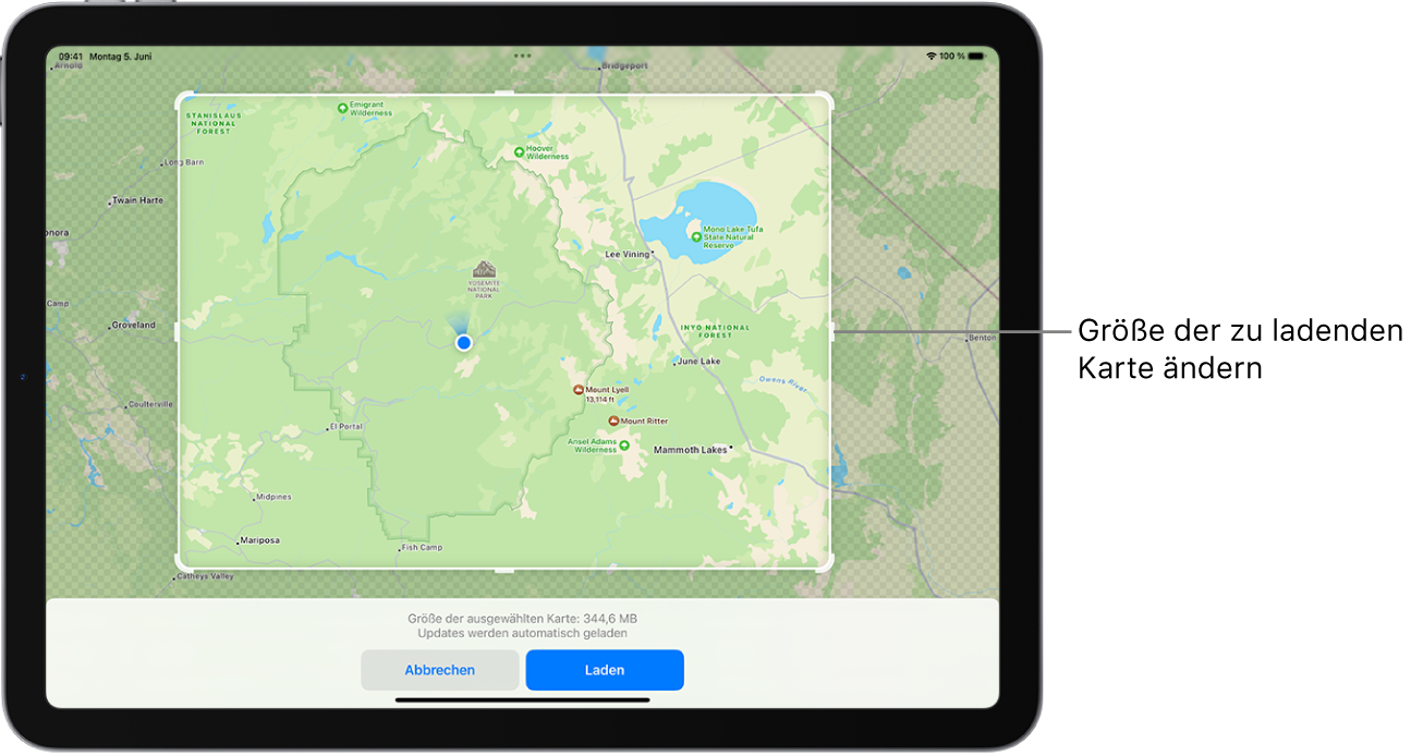 Ein iPad mit der Karte eines Nationalparks. Um den Park herum befindet sich ein Rahmen mit Aktivpunkten, die bewegt werden können, um die Größe der zu ladenden Karte zu ändern. Die ausgewählte Ladegröße für die Karte wird unten am Kartenrand angegeben. Die Tasten „Abbrechen“ und „Laden“ befinden sich unten auf dem Bildschirm.