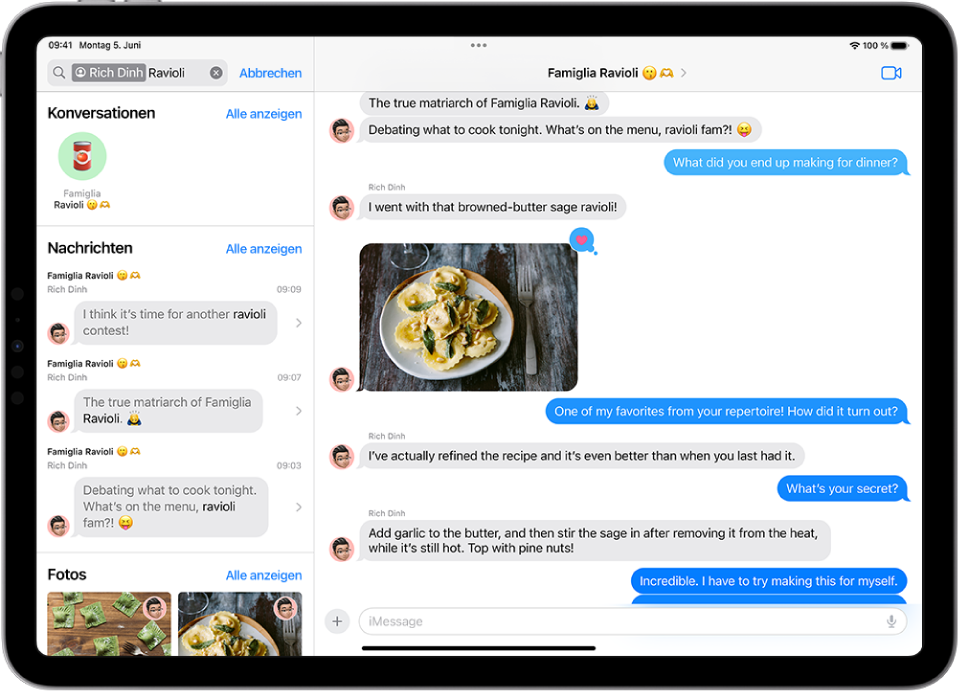 Ein Bildschirm der App „Nachrichten“ mit einer Gruppenkonversation.