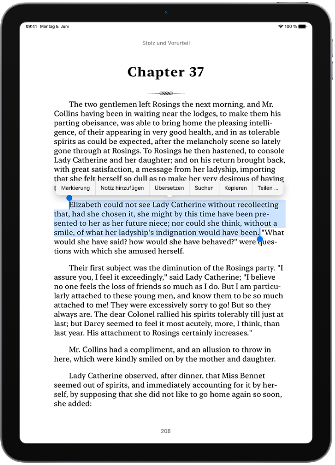 Eine Buchseite in der App „Bücher“. Ein Teil des Texts auf der Seite ist ausgewählt. Die Tasten „Markieren“, „Notiz hinzufügen“, „Übersetzen“, „Suchen“, „Kopieren“ und „Teilen“ werden über dem ausgewählten Text angezeigt.