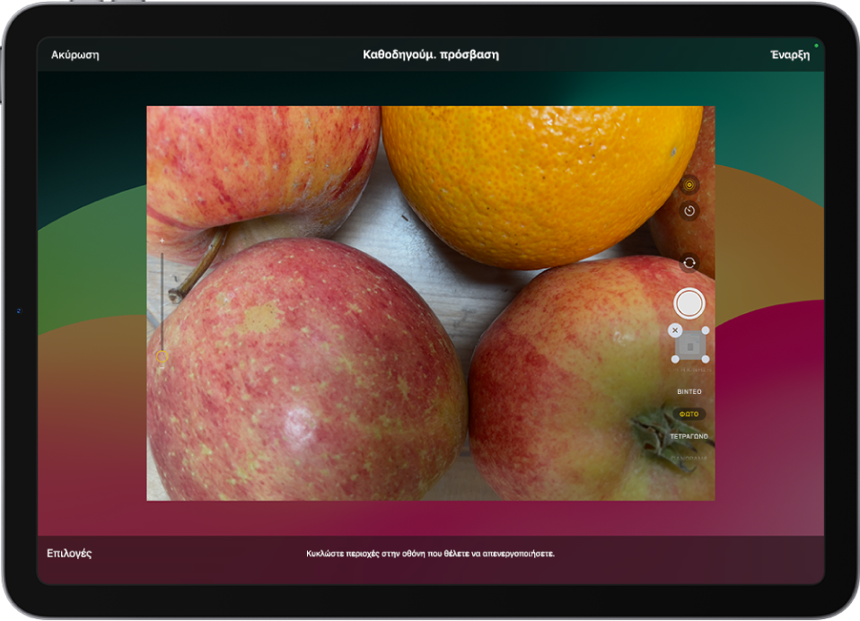 Μια οθόνη iPad όπου φαίνεται η διαμόρφωση της Καθοδηγούμενης πρόσβασης σε εξέλιξη.