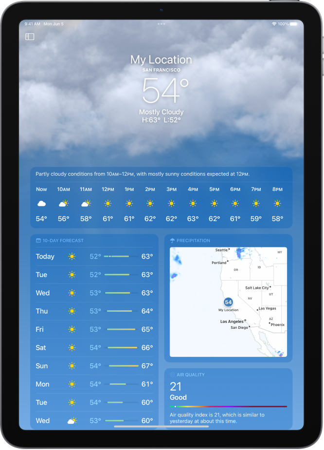 The Weather screen, showing from top to bottom: the location, current temperature, the high and low temperatures for the day, hourly forecast, and 10-day forecast on the left side of the screen and a precipitation map and air quality scale on the right side of the screen.