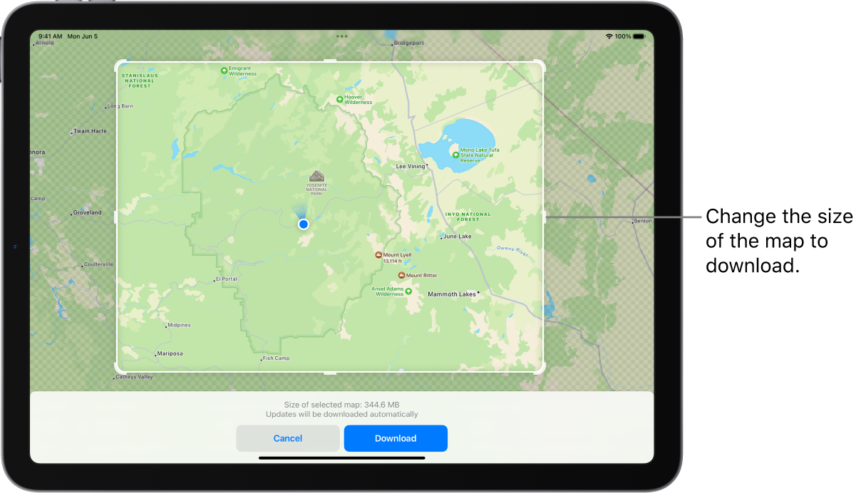An iPad with a map of a national park. The park is framed by a rectangle with handles, which can be moved to change the size of the map to download. The selected map’s download size is indicated near the bottom of the map. The Cancel and Download buttons are at the bottom of the screen.