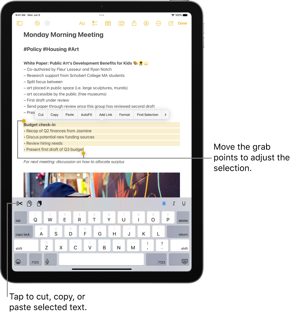 Text is selected in a note in the Notes app. Above the selected text is a menu of buttons including Cut, Copy, and Paste. The selected text is highlighted, with grab points to adjust the selection at either end.