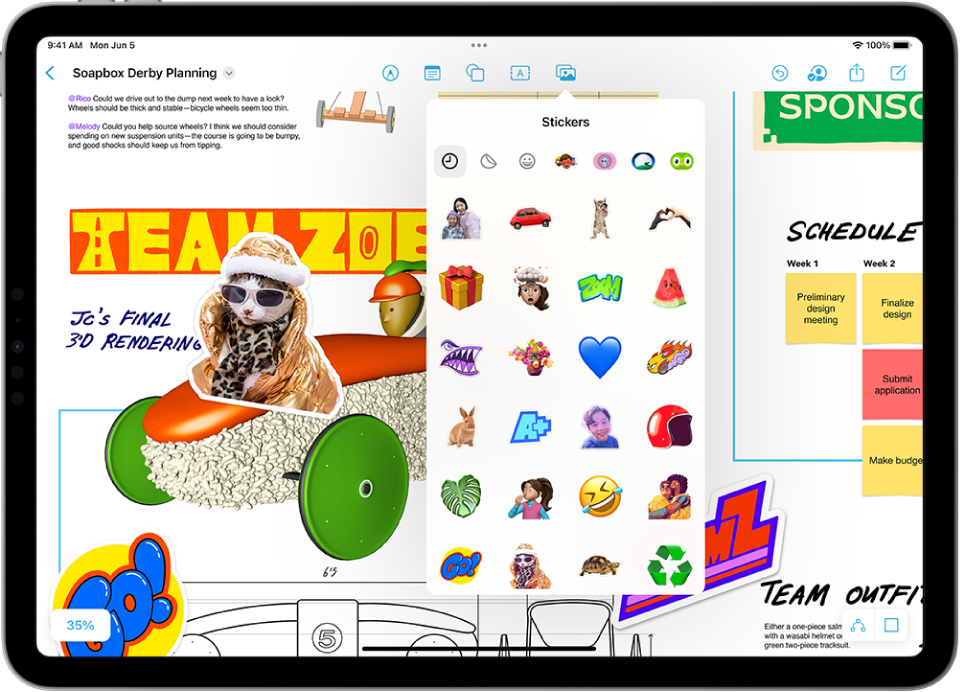 An iPad with the Freeform app open. The board includes handwriting, text, drawings, shapes, sticky notes, links, and other files.