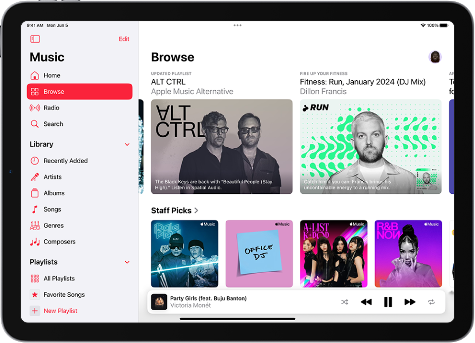 The Browse screen showing the sidebar on the left and the Browse section at the right. The Browse screen shows featured music at the top. Swipe left to see featured music and videos. Staff Picks appears below, showing four Apple Music stations. The player is at the bottom right.