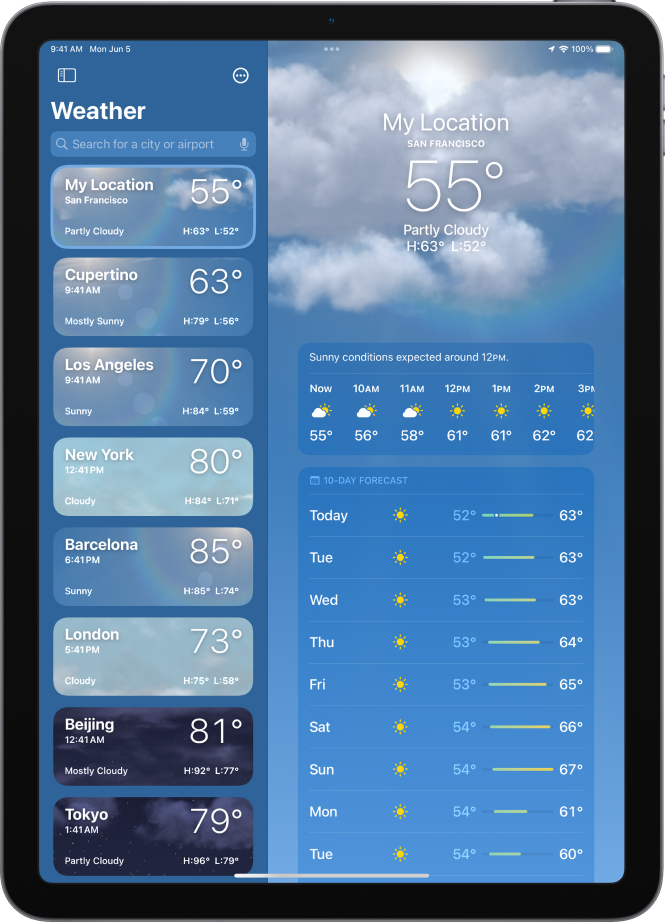 The Weather screen showing the sidebar on the left side of the screen. In the sidebar is a list of cities showing the current time, temperature, forecast, and high and low temperatures. At the top of the list, My Location is selected and on the right side of the screen is the weather forecast and conditions for that location.