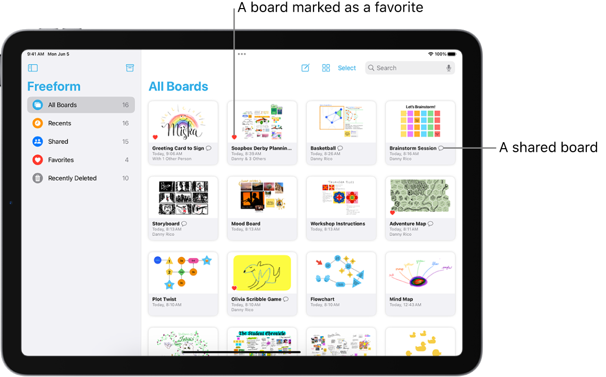 Freeform is open on iPad. All Boards is selected in the sidebar, and board thumbnails appear on the right.