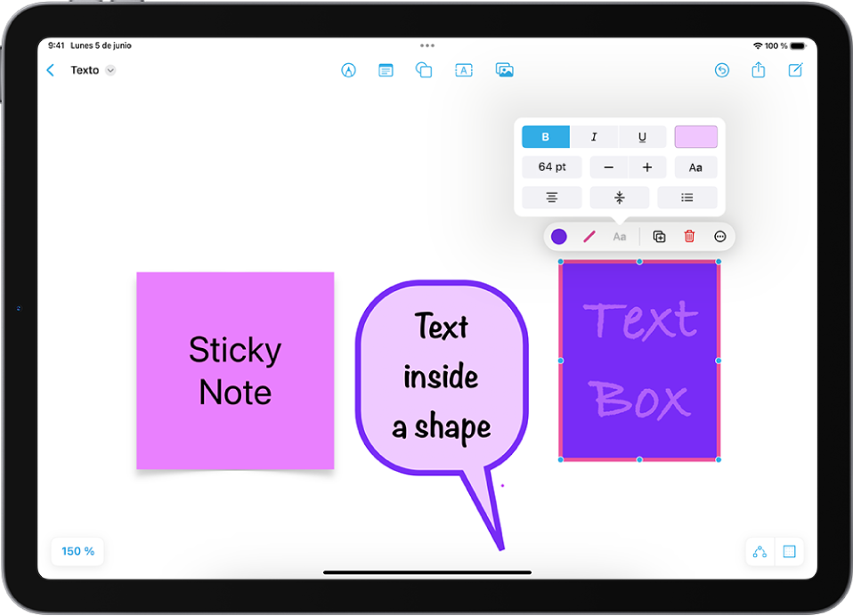 Una pizarra de Freeform muestra un cuadro de texto seleccionado y las herramientas de formato de texto sobre él.