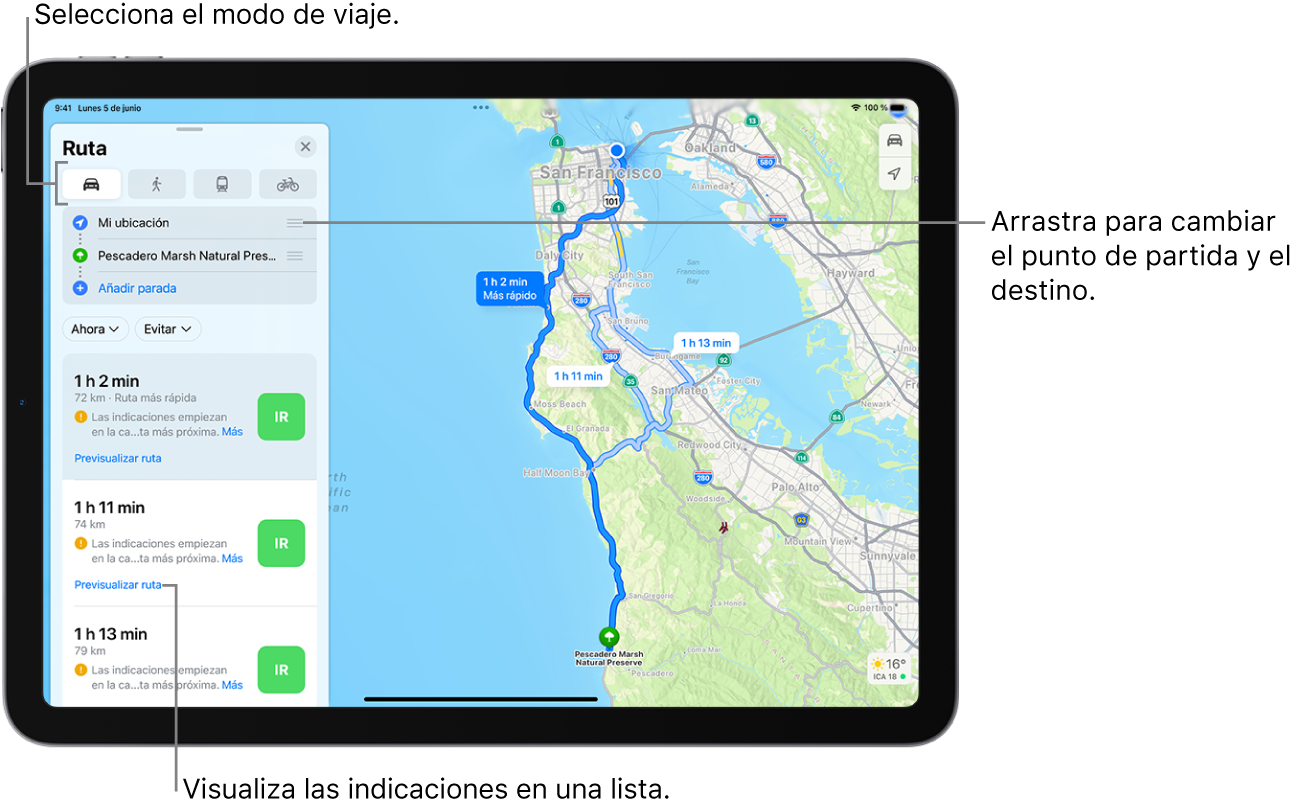 Mapa con varias rutas en coche entre dos ubicaciones, con opciones para elegir otros modos de desplazarse, invertir el punto de partida y el destino y ver las indicaciones en una lista.