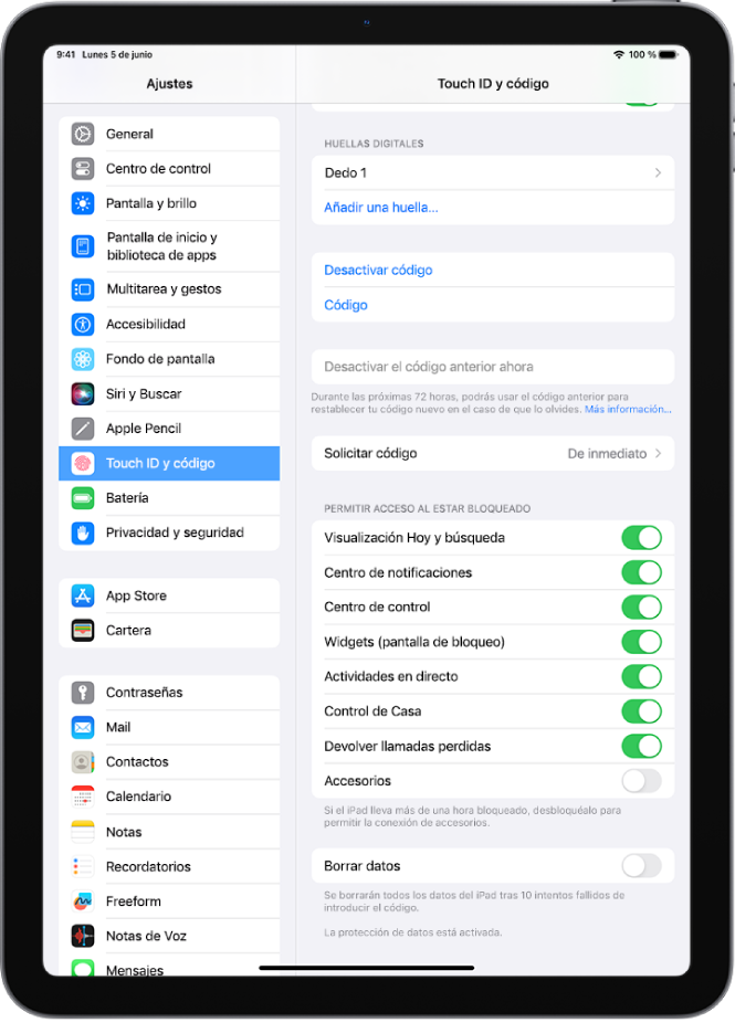 Los ajustes de “Touch ID y código”, con opciones para permitir el acceso a determinadas funciones cuando el iPad está bloqueado.