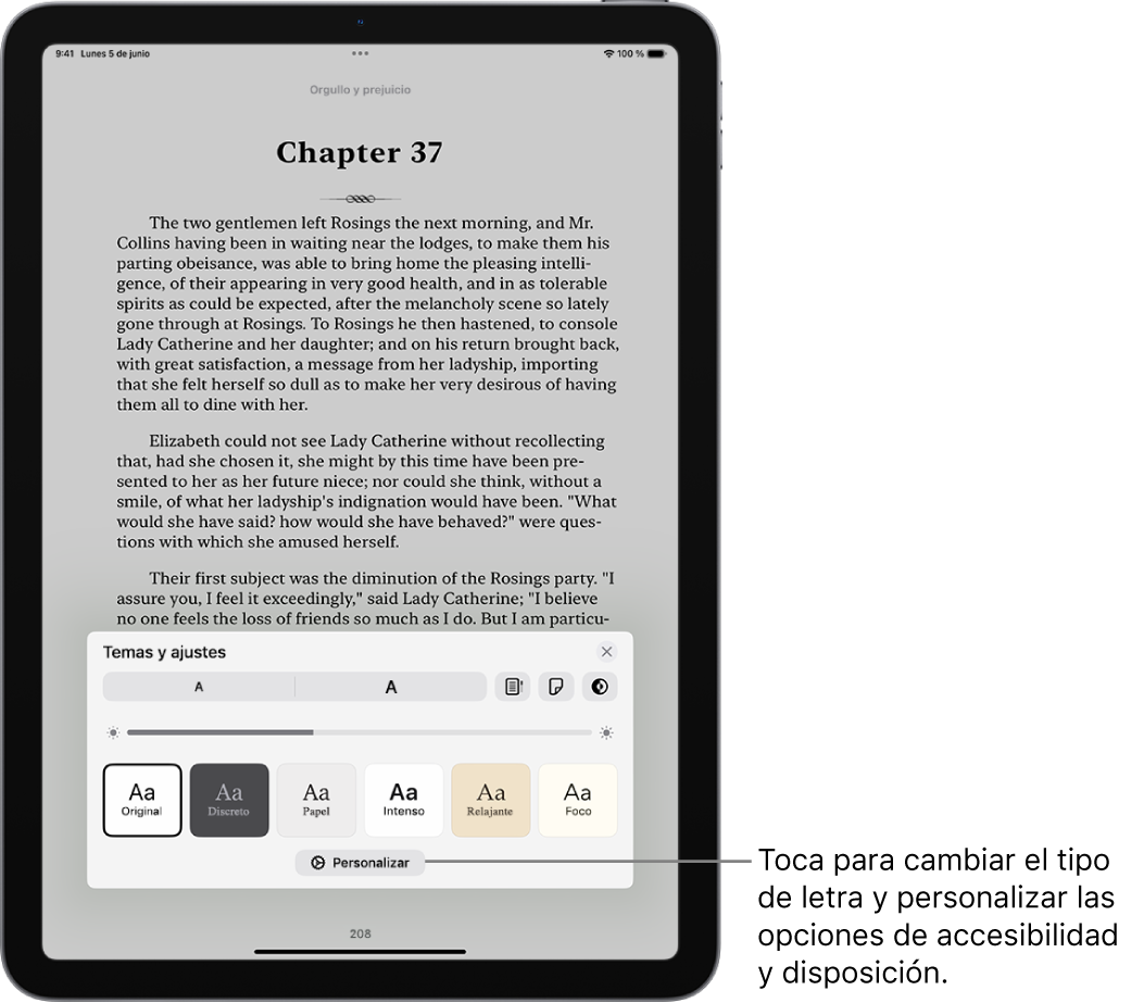 Página de un libro en la app Libros. Las opciones de temas y ajustes con los controles de tamaño de la letra, la vista del desplazamiento, el estilo al pasar de página, el brillo y los estilos del tipo de letra.