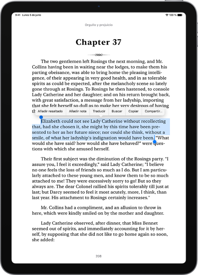 Página de un libro en la app Libros con una parte del texto de la página seleccionado. Los botones Resaltar, “Añadir nota”, Traducir, Buscar, Copiar y Compartir están encima del texto seleccionado.