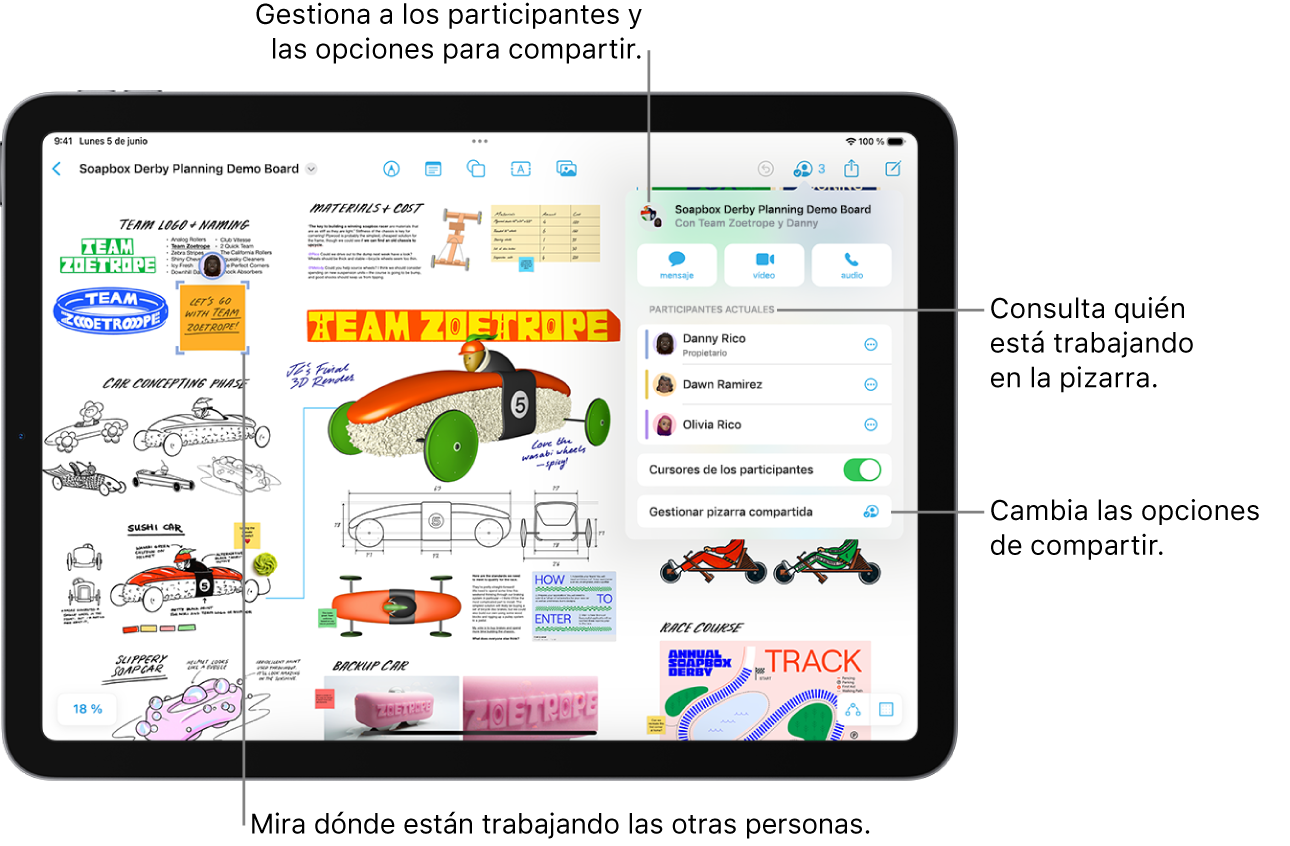 Una pizarra de Freeform compartida en el iPad con el menú de colaboración abierto y la ubicación de otro participante en la pizarra marcado con marcas de verificación moradas.