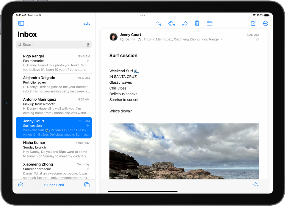 Rakenduse Mail Inbox, kus vasakul on e-kirjade loend ning paremal avatud e-kiri. E-kirjade loendi allosas on nupp Undo Send (hiljuti saadetud e-kirja tagasitõmbamiseks).
