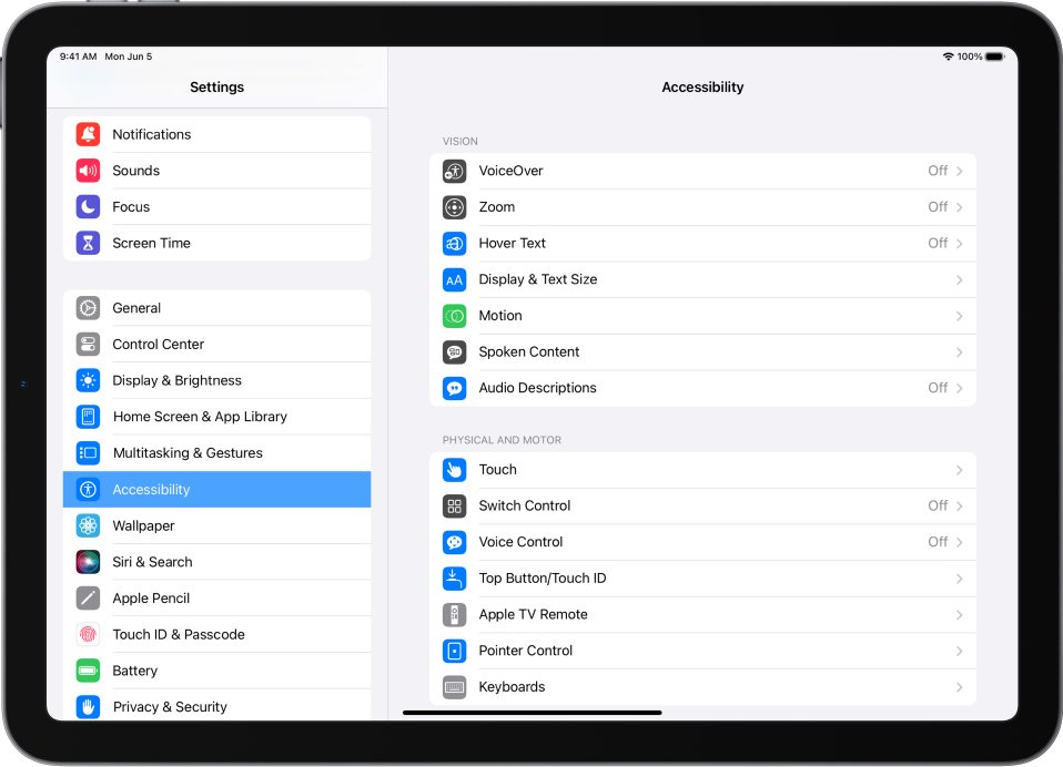 iPadi Settings-kuva. Ekraani vasakul küljel on Settings-küljeriba; valitud on Accessibility. Ekraani paremal küljel on valikud Accessibility funktsioonide kohandamiseks.