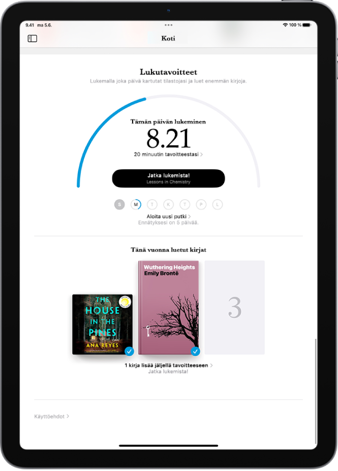 Lukutavoitteet-näyttö, jossa näkyy käyttäjän tilastot – lukeminen tänään, viikon lukuennätys sekä tänä vuonna luetut kirjat.