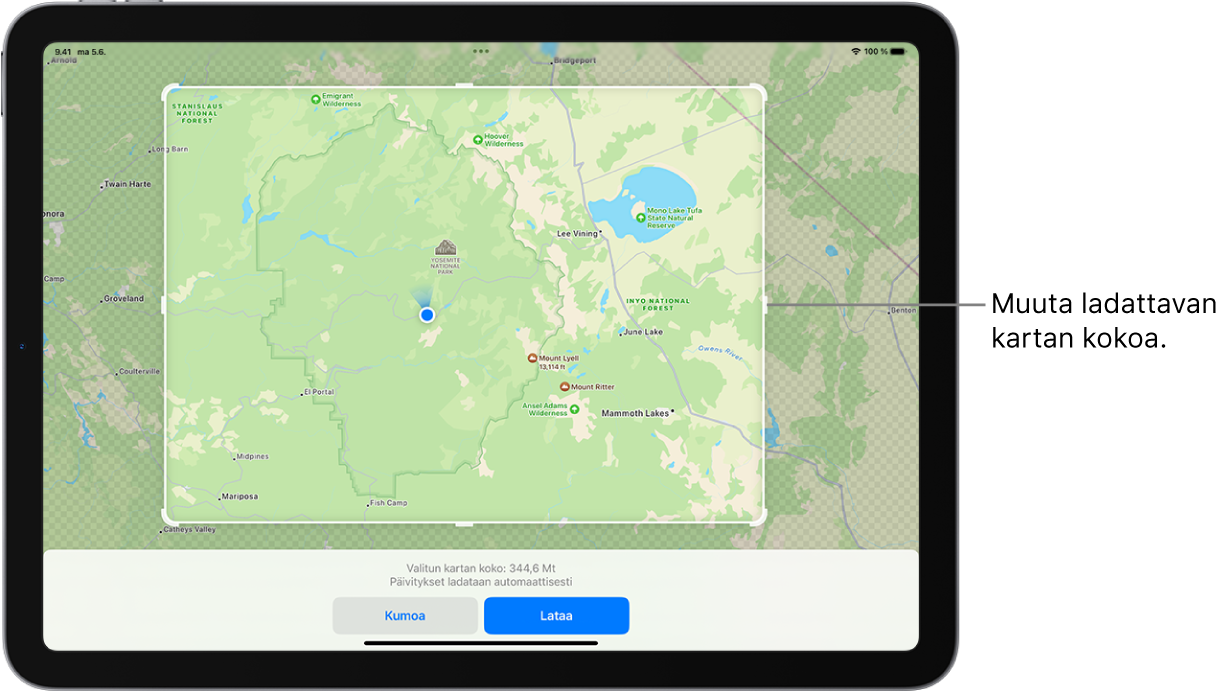 Kansallispuiston kartta iPadissa. Puiston ympärillä on neliö, jossa on kahvat. Ladattavan kartan kokoa voi muuttaa kahvoja siirtämällä. Valitun kartan latauskoko ilmoitetaan kartan alareunan lähellä. Näytön alareunassa ovat Peruuta- ja Lataa-painikkeet.