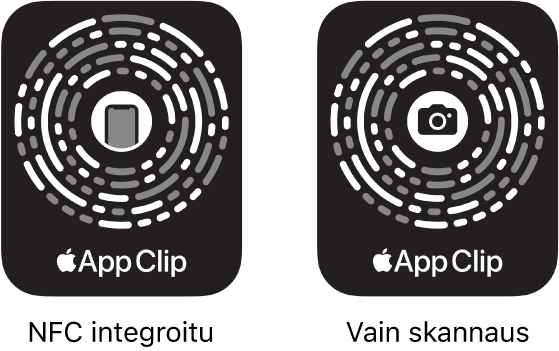Vasemmalla on NFC-integroitu appiklippikoodi, jonka keskellä on iPhone-kuvake. Oikealla on skannattava appiklippikoodi, jonka keskellä on kamerakuvake.