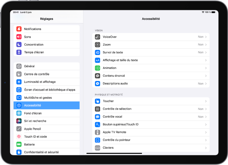 Écran Réglages de l’iPad. Sur le côté gauche de l’écran se trouve la barre latérale Réglages. L’option Accessibilité est sélectionnée. Sur le côté droit de l’écran se trouvent les options pour personnaliser les fonctionnalités d’accessibilité.