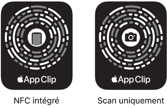 À gauche, un code d’extrait d’app doté de la technologie NFC avec une icône d’iPhone au centre. À droite, un code d’extrait d’app à scanner uniquement, avec une icône d’appareil photo au centre.