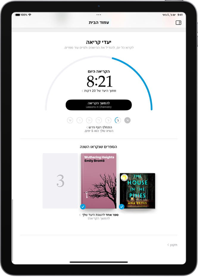 המסך ״יעדי קריאה״ מציג סטטיסטיקות של המשתמש – כמו הקריאה היום, שיא הקריאה לשבוע, והספרים שקראו בשנה הנוכחית.