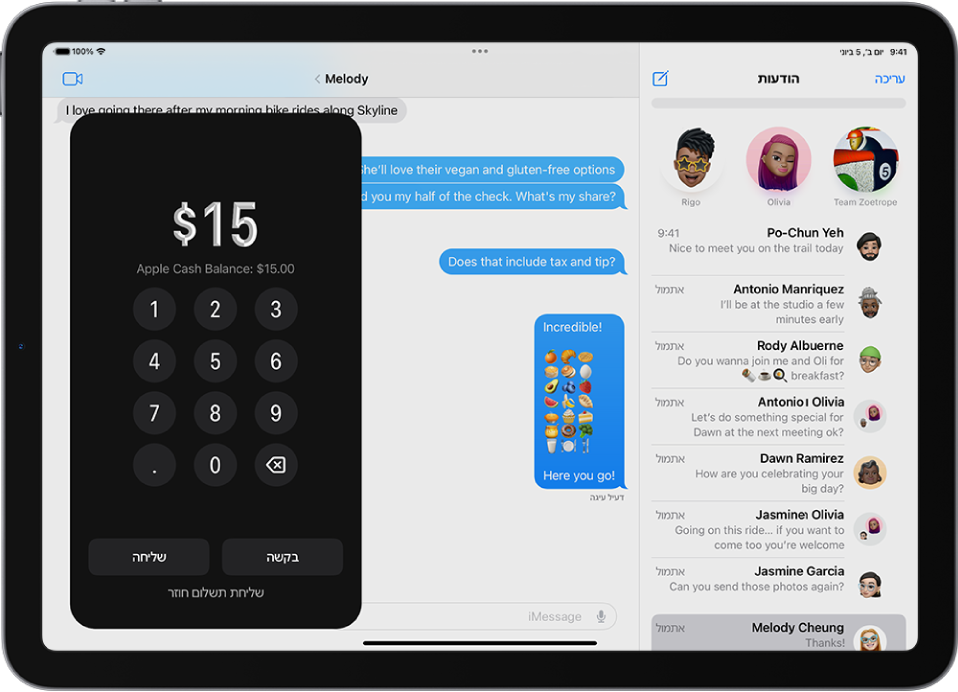 שיחת iMessage עם Apple Pay פתוח למטה.