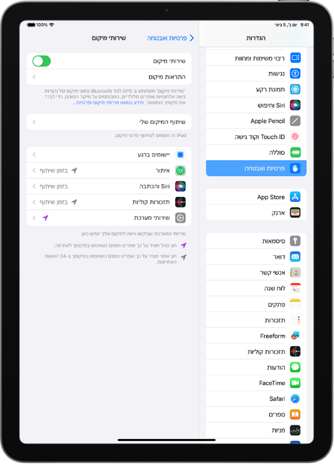 המסך ״שירותי מיקום״, תחת הגדרות ״פרטיות ואבטחה״, מציג הגדרות עבור שיתוף המיקום של ה-iPad, כולל הגדרות מותאמות אישית עבור יישומים פרטניים.